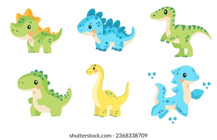 Un conjunto de ilustraciones de niños vectoriales muy lindas. Dinosaurios verdes muy finos sobre fondo blanco, dinosaurio acuático azul con aletas 