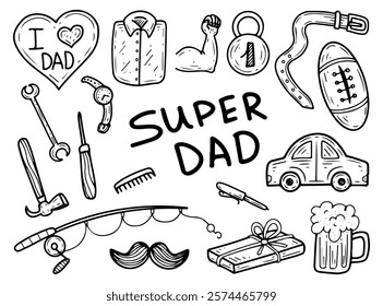 Set of Super Dad hand drawn doodle. Happy Father's Day. Celebrating best daddy. Gifts for man, fishing rod, tools, car, beer, ball, belt, watch. Fatherhood. Men holiday. Vector line art illustration.