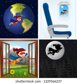 Set of super hero with background illustration