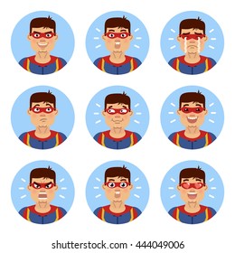 Set of super hero emoticons. Avatars of a man in mask showing different emotions. Happy, smile, sad, cry, angry, love, surprised, upset, laugh and other facial expressions. Flat vector illustration