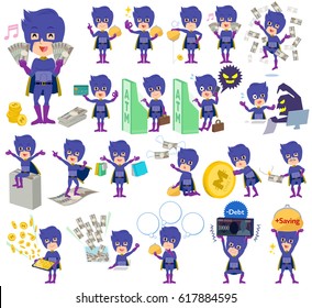 A set super hero man dark purple with concerning money and economy.
There are also actions on success and failure.
It's vector art so it's easy to edit.