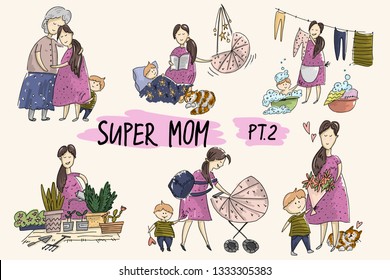 Set of super mom in different situations 