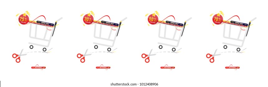 Set Super sale 25 - 70% off discount. Banner with basket in horizontal format with sticker. Big discount, template for print advertising and web banner. Flat vector illustration EPS 10.