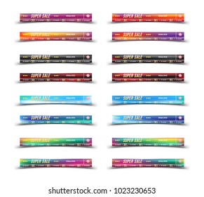 Set Super sale 25 - 70 off discount. Set Banners with shadow in horizontal format. Big discount, template for print advertising and web banner. Flat vector illustration EPS 10