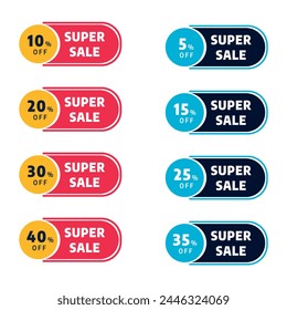 Set of super sale badge. Super sale  white background.  ribbon. Sticker, tags, badge, ribbon for promotion. sale off tag, 50, 20, 10, 40, 30, 60, 70, 45, 90, 5, 15, 25, 35 percent