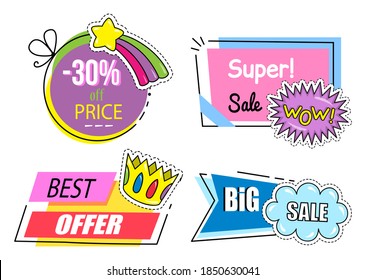 Set of super sale banners. Discount poster template. Big sale special offer. End of season special proposition banner vector flat style. Best price advertising poster with image of various signs