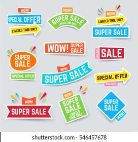 Set of super sale and discounts banner for attracting attention. Vector illustration. 