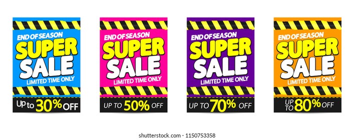Set Super Sale posters, discount brochure design template, special offer, up to 30% 50% 70% 80% off, vector illustration