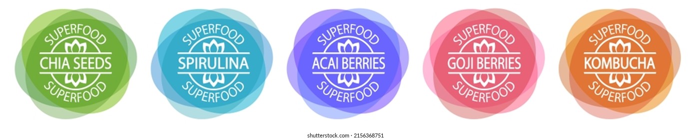 Set of superfood labels: chia seeds, spirulina, goji berries, acai berries and kombucha. Antioxidants and vitamins natural source	