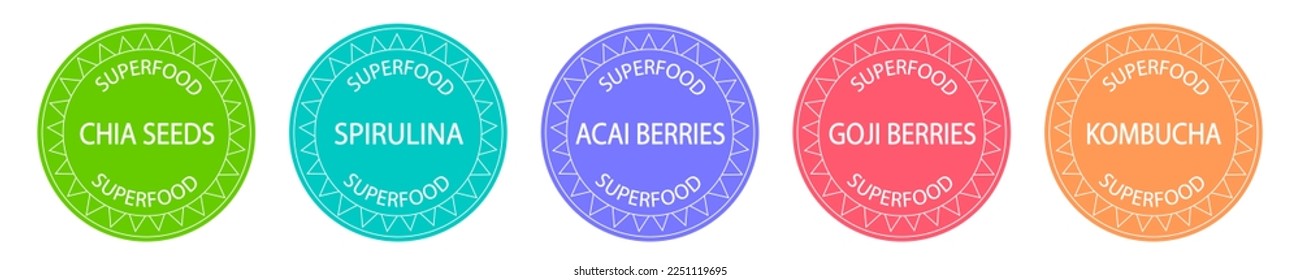 Set of superfood labels: chia seeds, spirulina, goji berries, acai berries and kombucha. Antioxidants and vitamins natural source