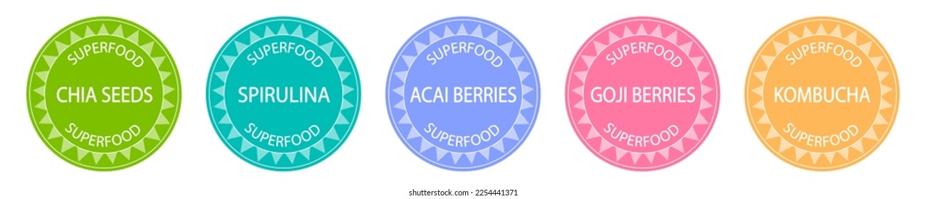 Set of superfood labels: chia seeds, spirulina, goji berries, acai berries and kombucha. Antioxidants and vitamins natural source