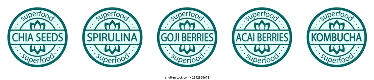 Set of superfood stamps: chia seeds, spirulina, goji berries, acai berries and kombucha. Antioxidants and vitamins natural source
