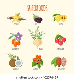 Conjunto de superalimentos en estilo plano. Estilo de vida saludable. Frutas y verduras para la salud. Ilustración del vector