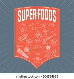 Set of superfoods products, berries, fruits, vegetables in vector. Icons, design elements, web banner of cocoa beans, goji berry, acai seeds, spirulina, quinoa for super food wellness