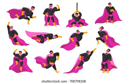 Set of superhero actions and emotions including flying, running and fight, anger and joy isolated vector illustration  