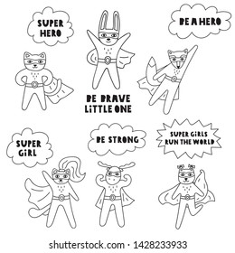 Set of superhero animals. Hand drawn vector icon illustration design in scandinavian, nordic style. Best for nursery, childish textile, apparel, poster, postcard. 