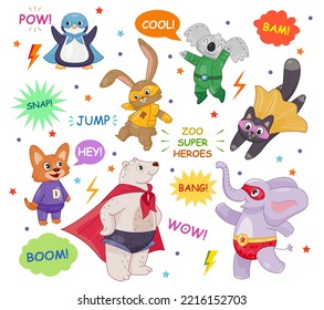 Set of superhero animals. Stickers with wild animals or pets in heroic capes and masks. Fox and bear, koala and cat, elephant and hare, penguin. Cartoon flat vector collection isolated on white