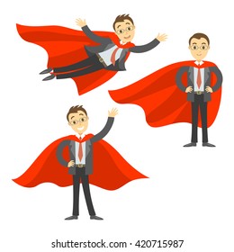 Set of superhero businessman in red cape. Concept of success, leadership and victory in business. Vector illustration