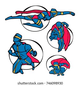 Set of superhero characters. Colored illustration in comics cartoon naive style.