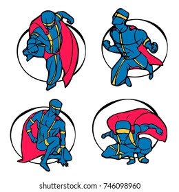 Set of superhero characters. Colored illustration in comics cartoon naive style.