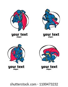 Set of superhero characters logo. Colored illustration in comics cartoon naive style.