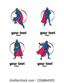 Set of superhero characters logo. Colored illustration in comics cartoon naive style.