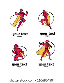 Set of superhero characters logo. Colored illustration in comics cartoon naive style.
