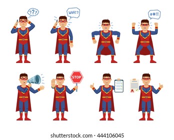 Set of superhero characters posing in different situations. Cheerful hero talking on phone, thinking, surprised, angry, holding stop sign, loudspeaker, clipboard. Flat style vector illustration