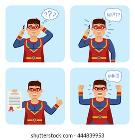 Set of superhero characters posing in different situations. Cheerful hero talking on phone, surprised, thinking, angry, holding document, paper, contract. Flat style vector illustration