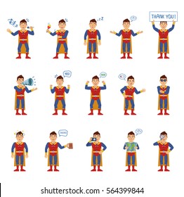Set of superhero characters showing different actions, gestures, emotions. Cheerful superhuman singing, sleeping, holding loudspeaker, banner and doing other actions. Simple vector illustration