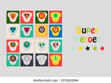 Set of Superhero color flat badges, emblems, logos. Superhero badge icon, power and protect insignia for superhero illustration