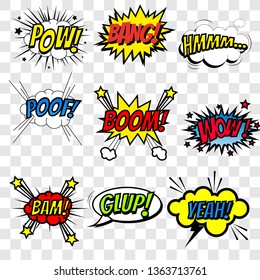 Set Of Superhero Comic Book Sounds Bubble Set, Cool Blast And Crash Sound Effect, Halftone Print Texture Imitation Design For Comic Background, Vector Illustration EPS10