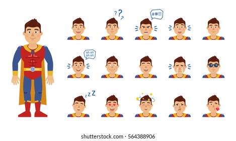 Set of superhero emoticons. Superhero avatars showing different facial expressions. Happy, sad, smile, laugh, surprised, serious, dizzy, in love and other emotions. Simple vector illustration
