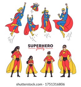 Set of superhero family cartoon characters in two various costumes of comic superpower heroes, sketch vector illustration isolated on white background.