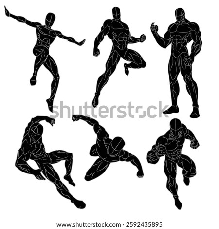 A set of superhero figures in various poses