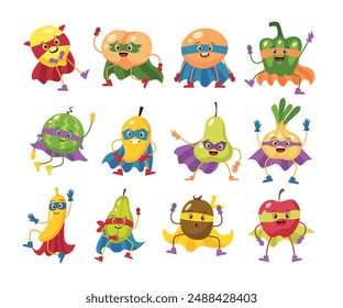 Conjunto de colección de frutas de superhéroes, personajes de superhéroes y defensores de frutas de dibujos animados, Super manzana, baya y naranja en traje de capa de héroe. Conjunto de Ilustración vectorial de dibujos animados de comida saludable