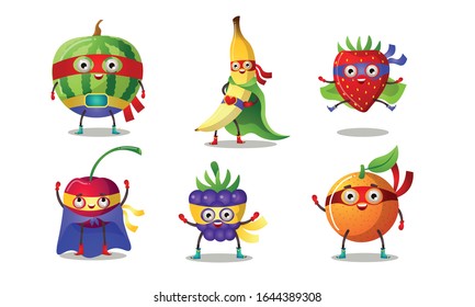 Set of superhero humanized characters fruits and berries in masks and capes. Vector illustration in flat cartoon style.