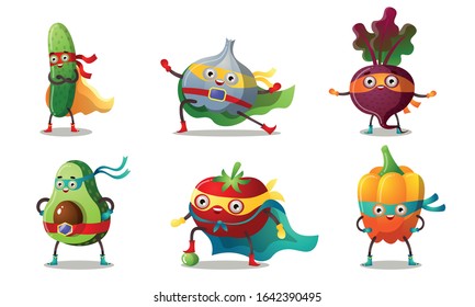 Set of superhero humanized vegetables in masks and capes. Vector illustration in flat cartoon style.