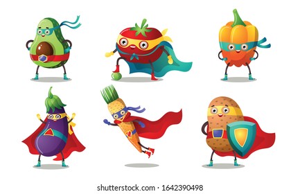 Set of superhero humanized vegetables in masks and capes. Vector illustration in flat cartoon style.