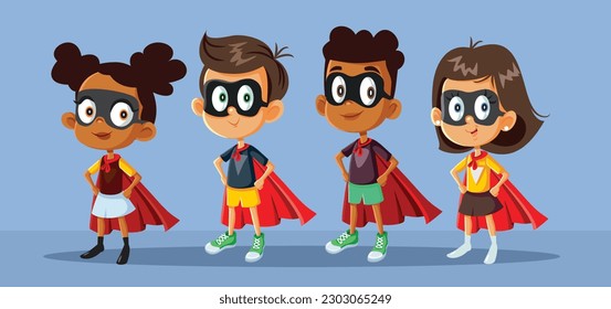 
Juego de personajes de niños superhéroes con ilustraciones vectoriales. Grupo de amigos usando disfraces de superhéroes 
