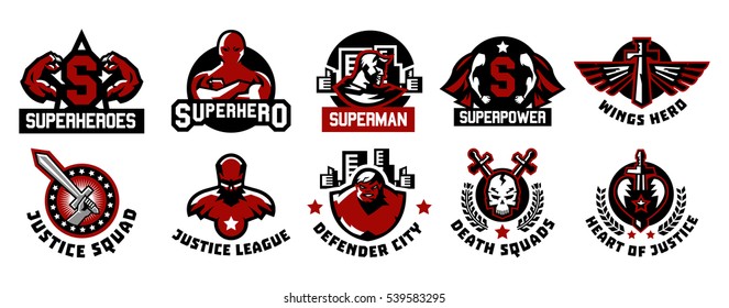 Set of superhero logos. A collection of images of superman. The suit, raincoat, silhouette, image, face, muscles, city, wings, sword, skull, monster, heart. Vector illustration. Flat style 