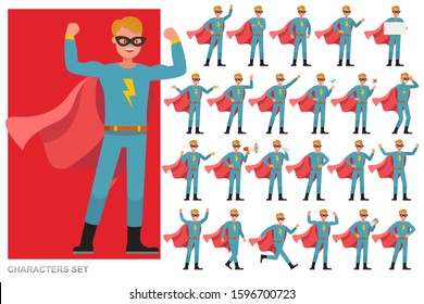 Set of Superhero Man character vector design. Presentation in various action with emotions, running, standing and walking. 