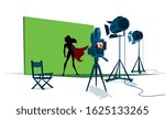 The set of a superhero movie with the leading actress in front of the camera and with green screen behind her.