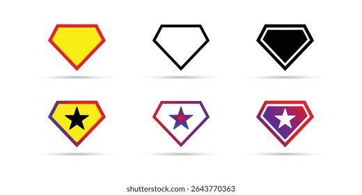 Set of Superhero Shield Icons with Stars in Different Color Variations.