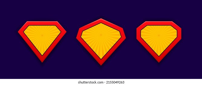 Set superhero shield in retro comic style. Superhero logo isolated on blue backdrop. Vector illustration.