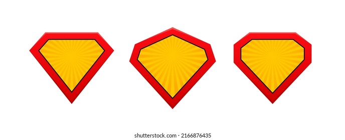 Set superhero shield in retro comic style. Superhero logo isolated on white backdrop. Vector illustration.