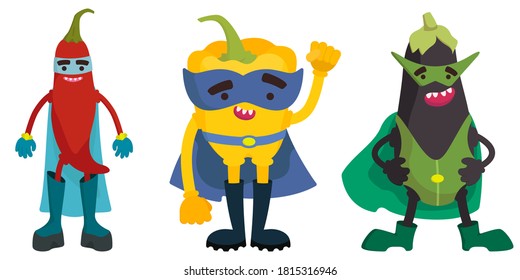 Set of superhero vegetables. Chilli, bell pepper and eggplant in cartoon style.