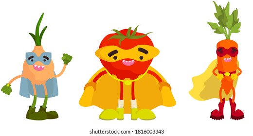 Set of superhero vegetables. Onion, tomato and carrot in cartoon style.