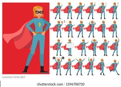 Set of Superhero woman character vector design. Presentation in various action with emotions, running, standing and walking.