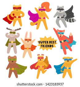 Set of superheroes animals. Vector hand drawn illustration with lettering. Best for nursery, childish textile, greeting card, t shirt, print, stickers, posters design.